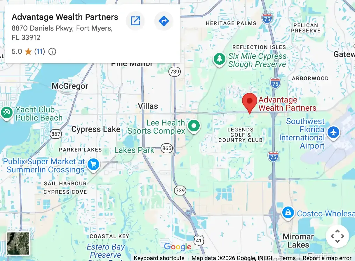 Map showing the Advantage Wealth Partners office at 8870 Daniels Pkwy., Fort Myers, FL