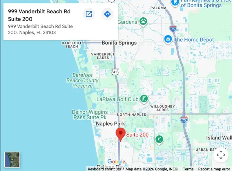Map showing the Advantage Wealth Partners office at 999 Vanderbilt Beach Road, Suite 200, Naples, FL